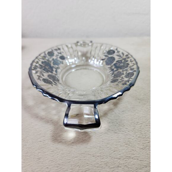 Candy Dish Clear Glass w/ handles 7 3/4" Black Floral Design Black Trim 60s Vtg - Picture 6 of 11